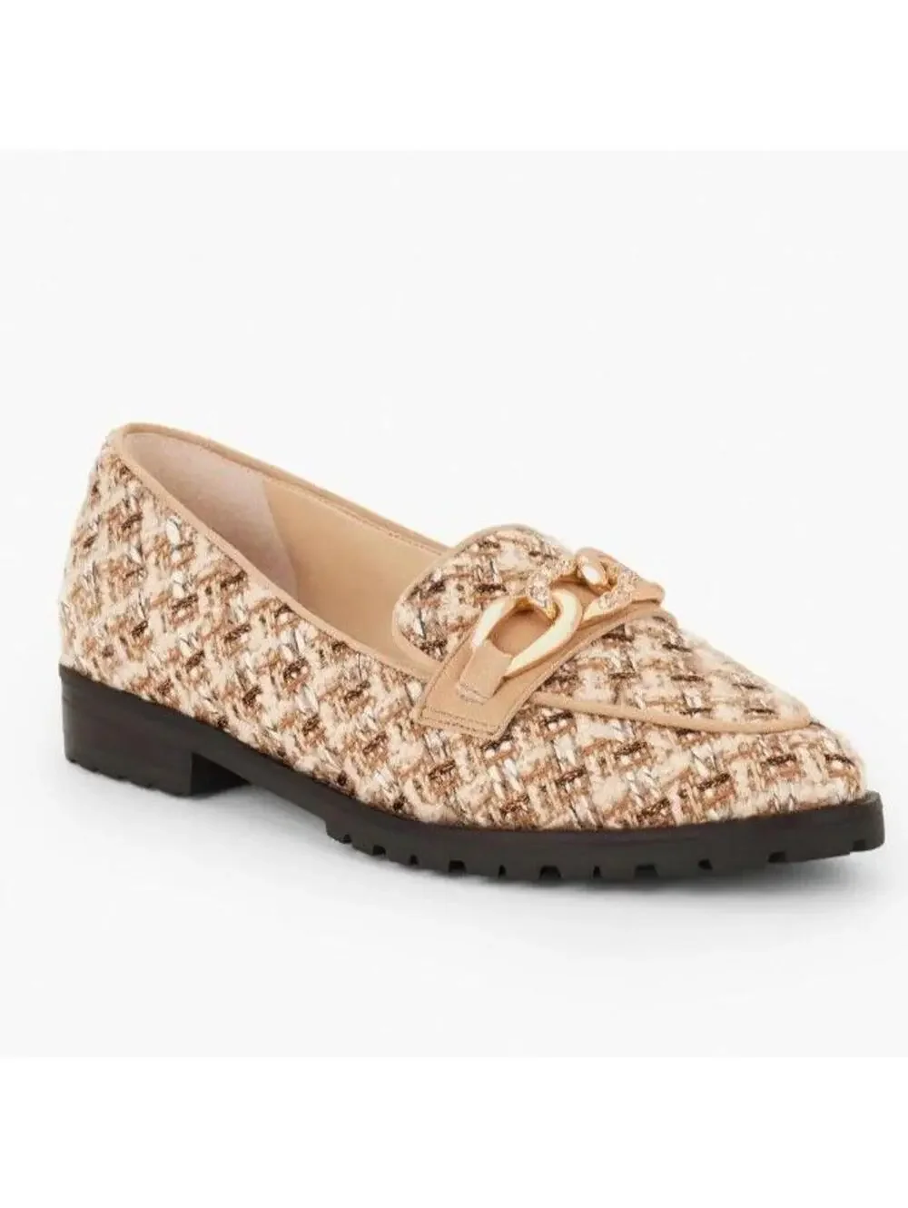 Talbots Leighton Boucle Metallic Chain Loafers Tan Gold Tweed Shoes 9.5